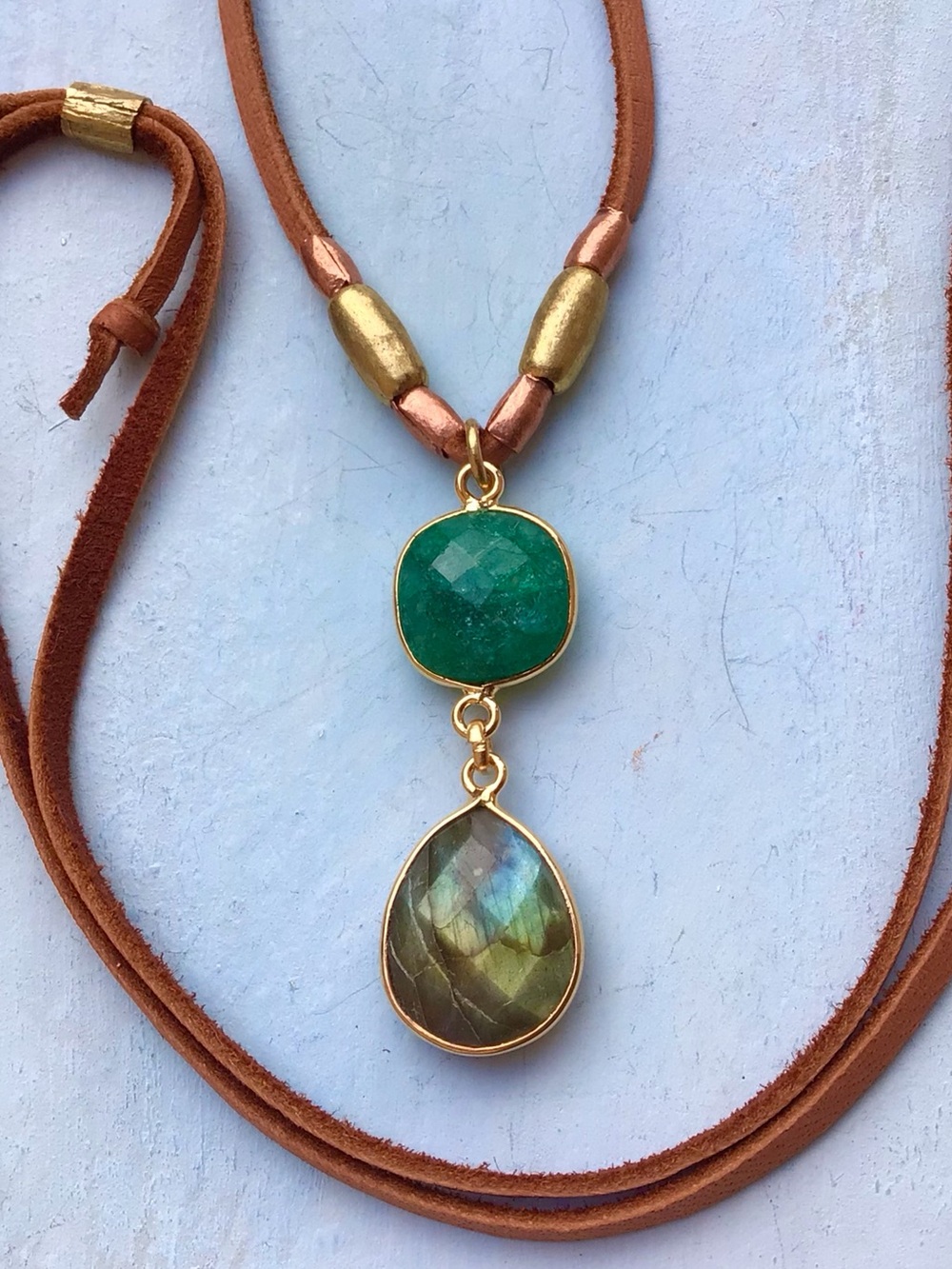 Natural Labradorite Emerald leather cord Sundance Charm Necklace SALE